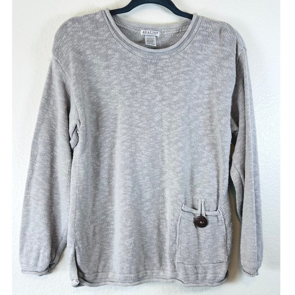 Avalin Gray Cotton Knit Sweater Coastal Minimalist Crew Neck Button Pocket OS
